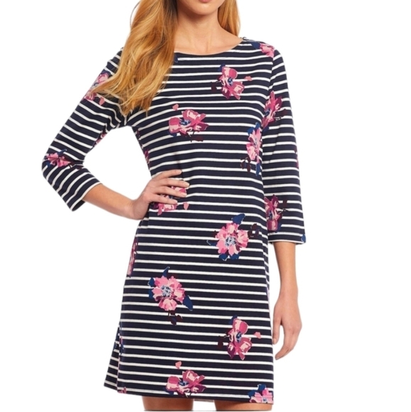 Joules Dresses & Skirts - Joules Womens Dress Riviera Navy Blue Striped Pink Floral Stretch 3/4 Sleeve 12